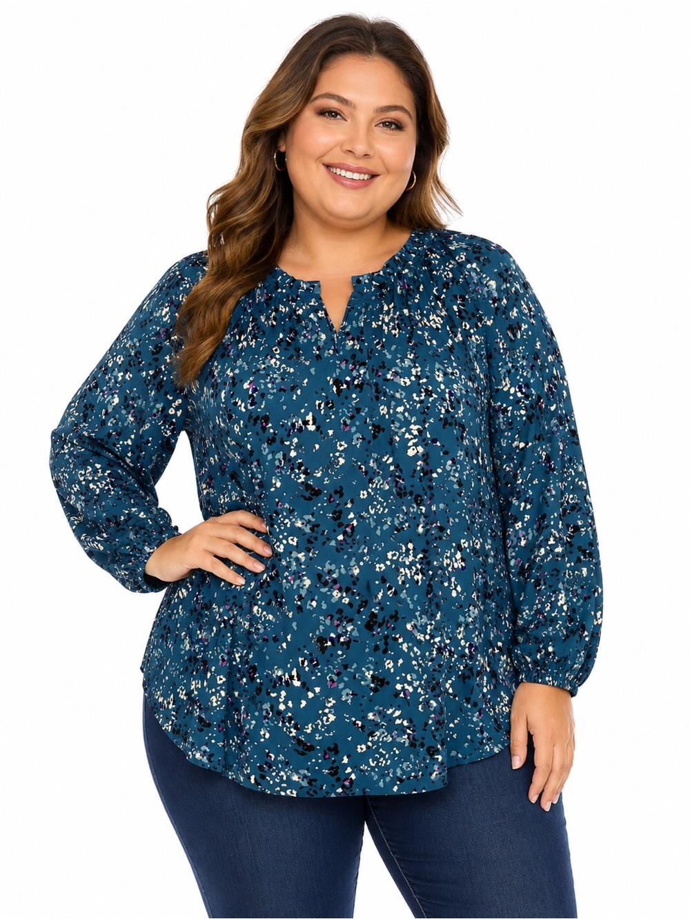 Croft & Barrow NWOT Blue Floral Peasant Long Sleeve Blouse No Stretch